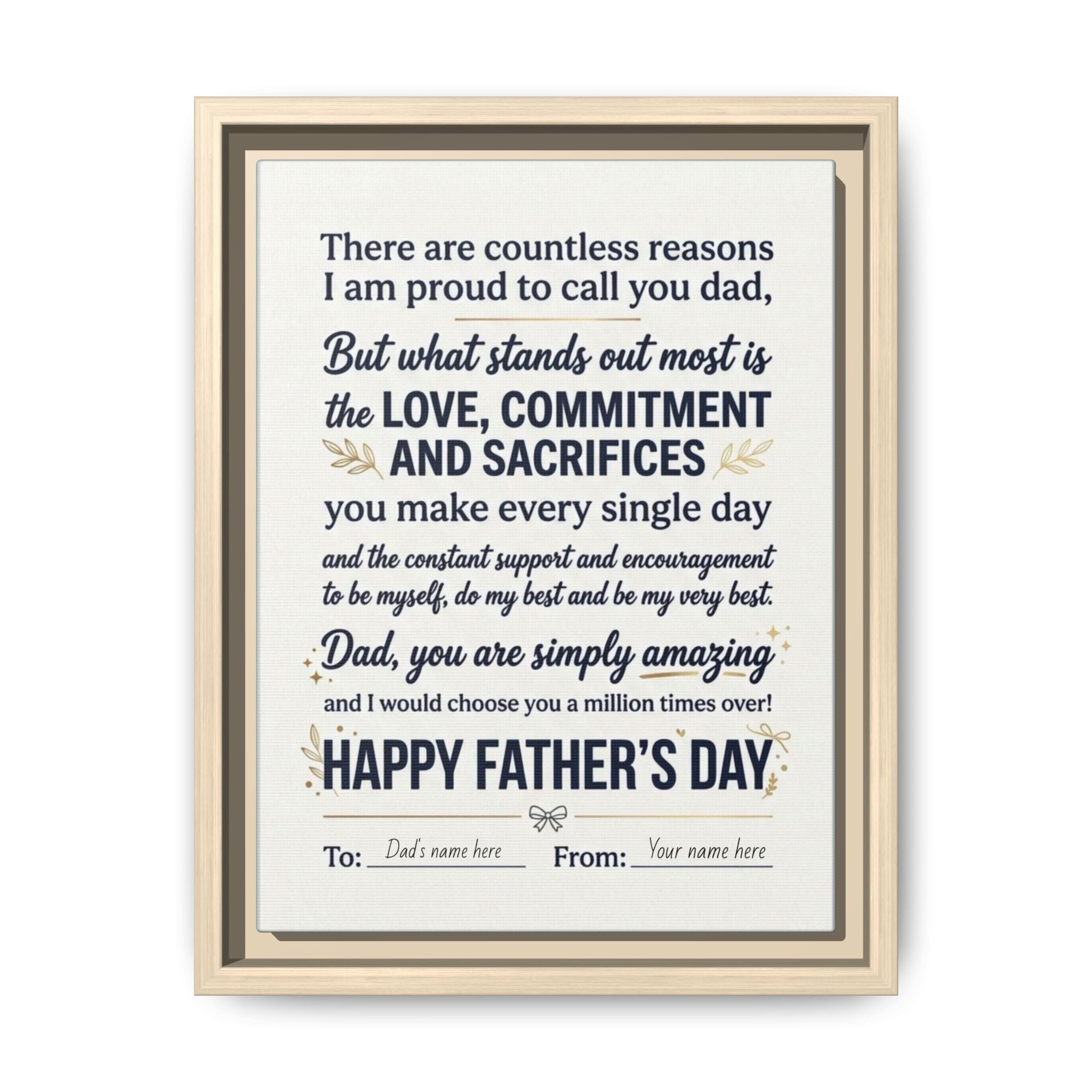 Father's Day Framed Canvas — Happy Father's Day Tribute Print (Personalize To/From)