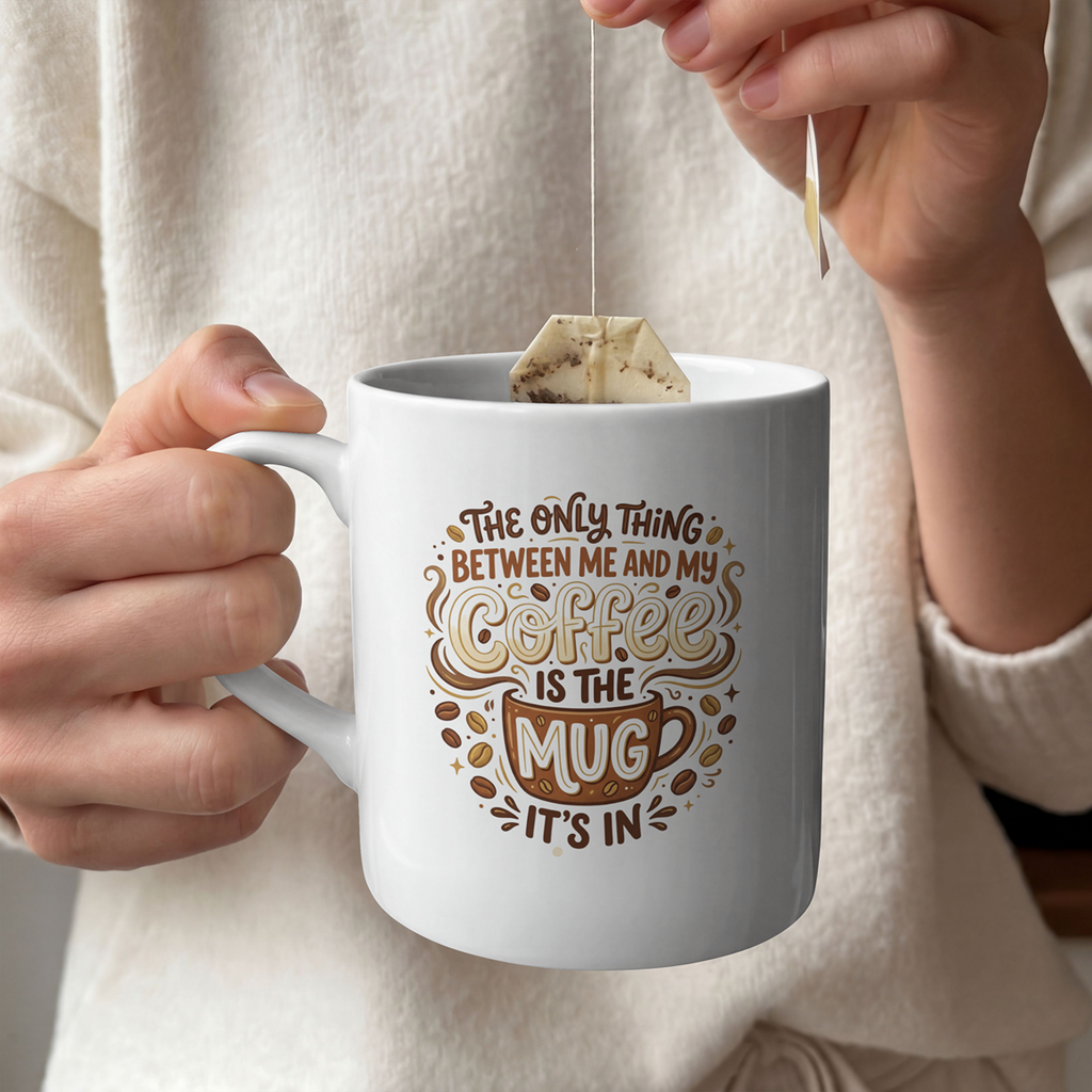 Funny Coffee Mug - "The Only Thing Between Me and My Coffee Is The Mug It's In" (11/15oz)