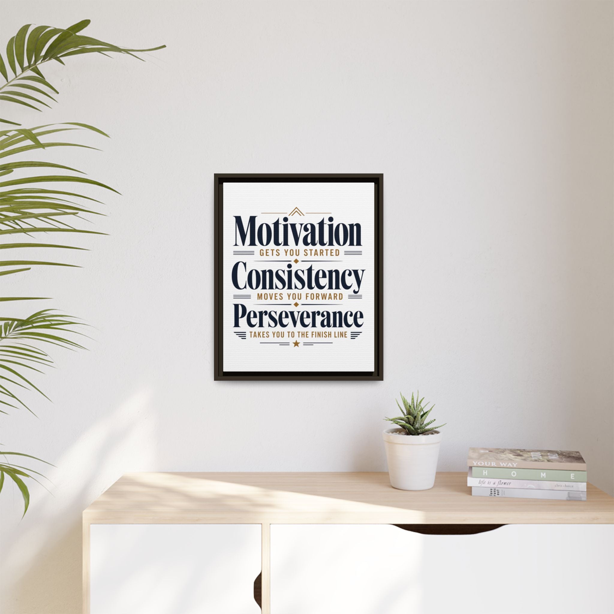 Motivation • Consistency • Perseverance Framed Canvas Print — Inspirational Wall Art